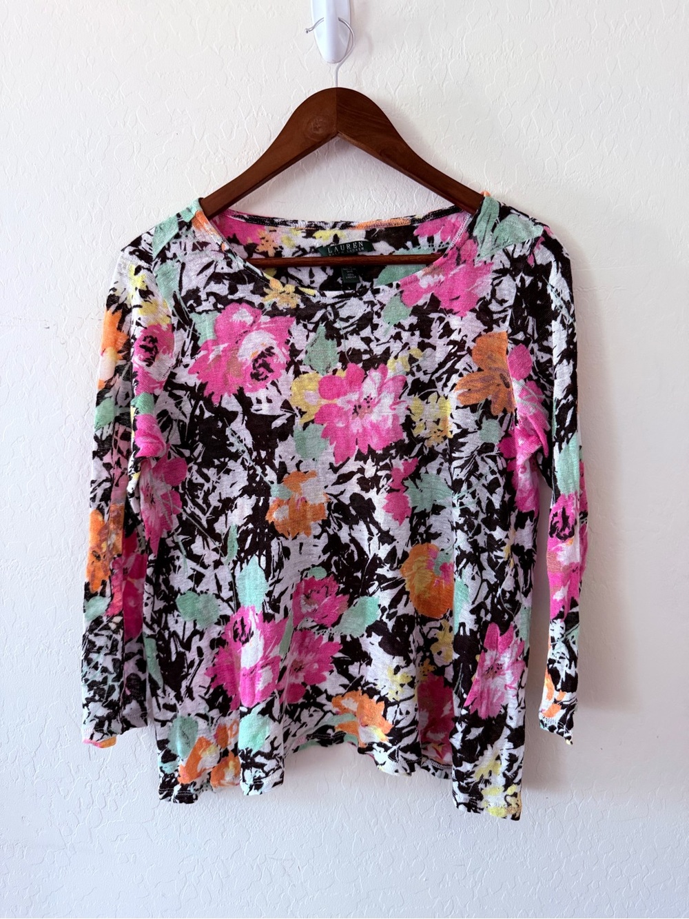 Lauren Ralph Lauren Floral 100% Linen Sheer Stretch Top Size M Pink Black